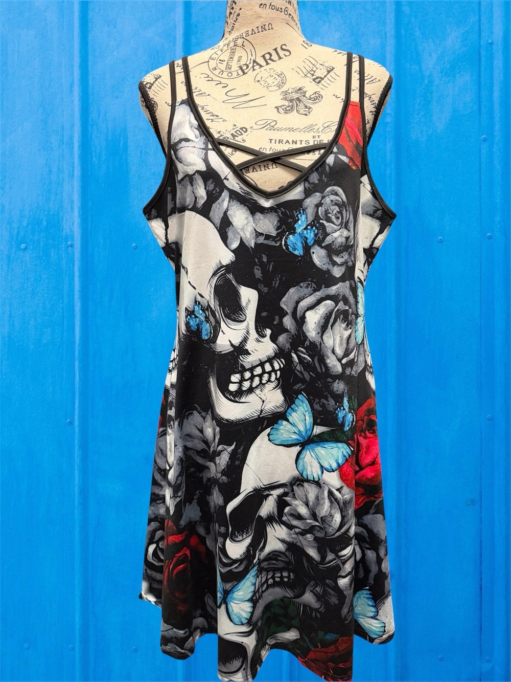 Skull & Rose Print Strappy Tank Dress - Black with Red & Blue Accents